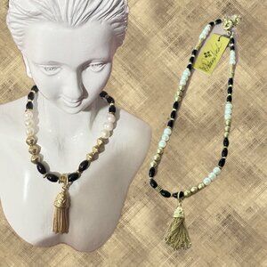 Patricia Nash Brass Etched Leaf Tassel Pendant Black-Cream-Brass Beads Necklace
